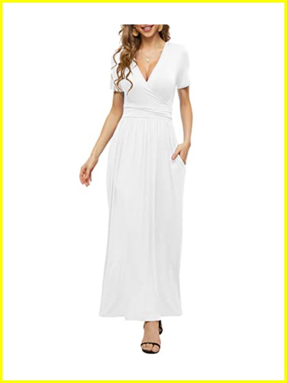 Women's Wrap Waist Maxi Dress with Pockets Short Sleeve Deep V-Neck Summer